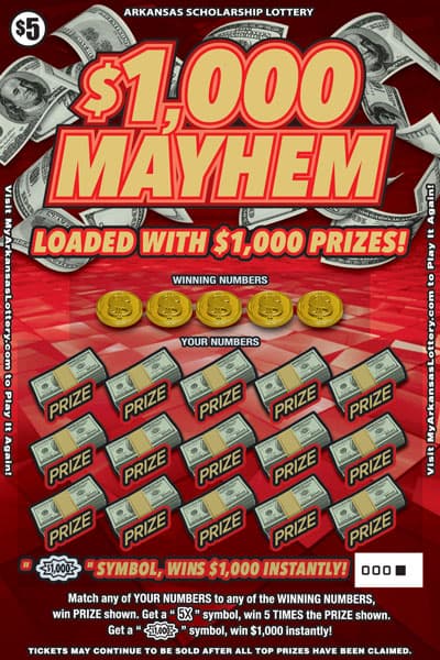 $1,000 Mayhem scratch-off ticket