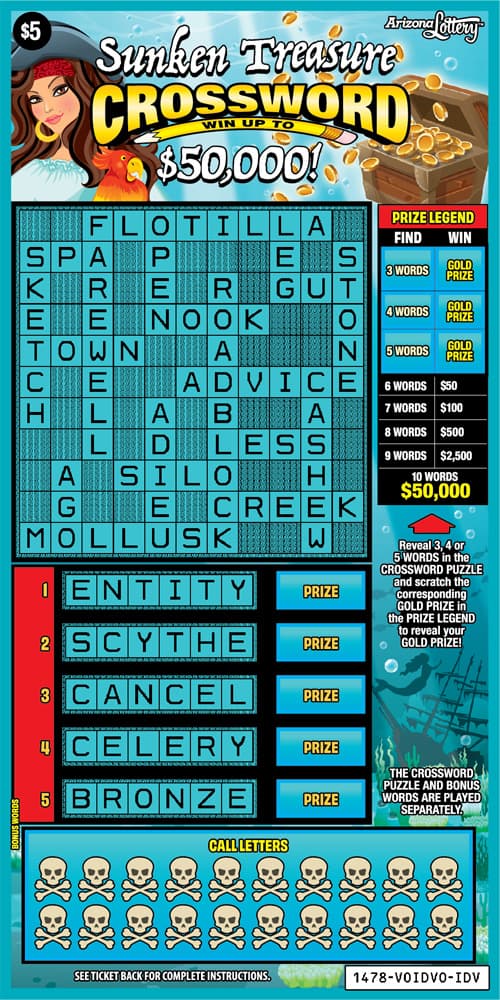 Sunken Treasure Crossword scratch-off ticket