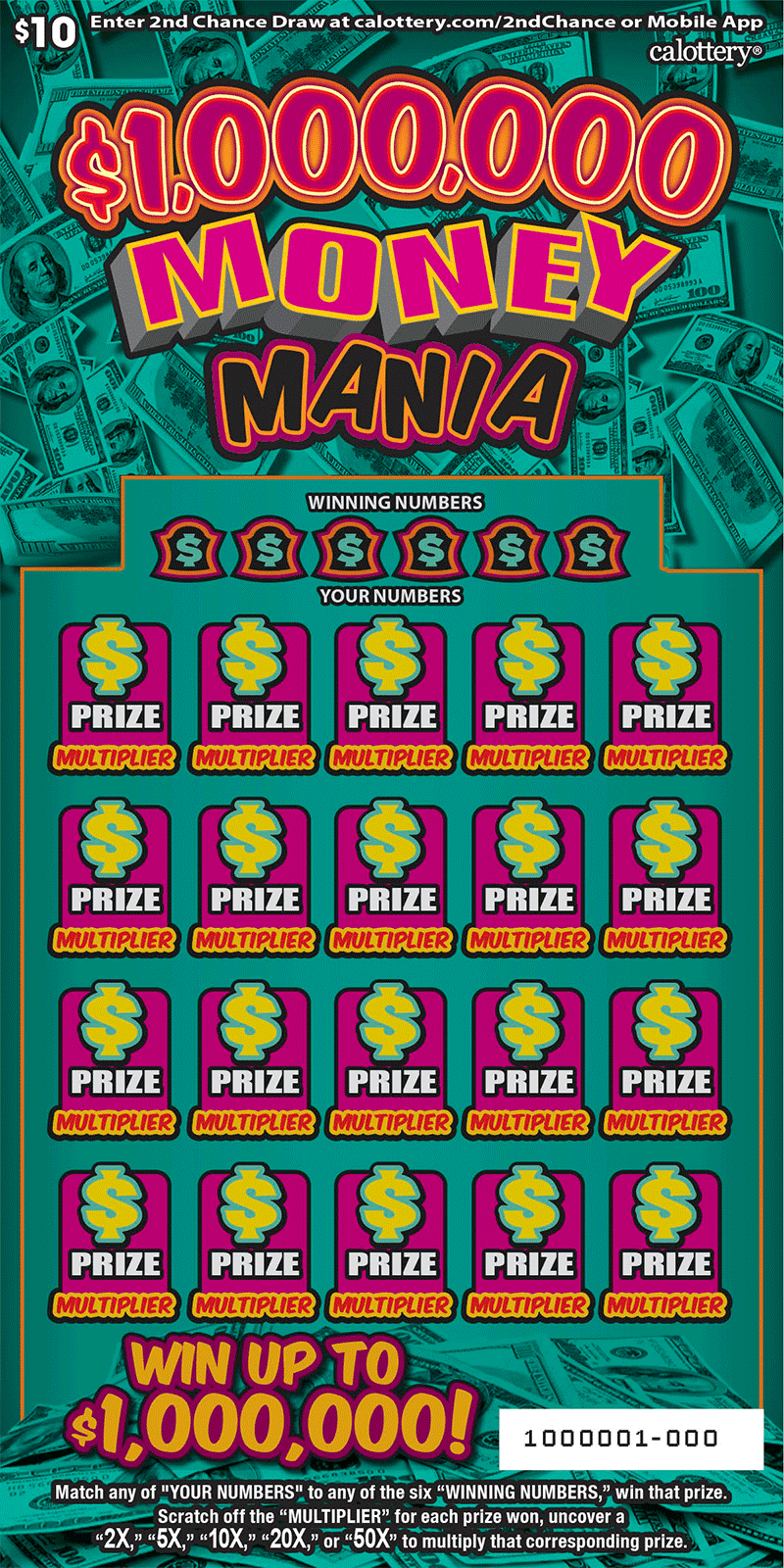 $1,000,000 Money Mania scratch-off ticket