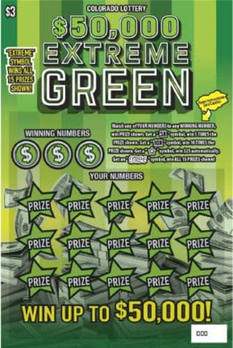 $50,000 Extreme Green scratch-off ticket