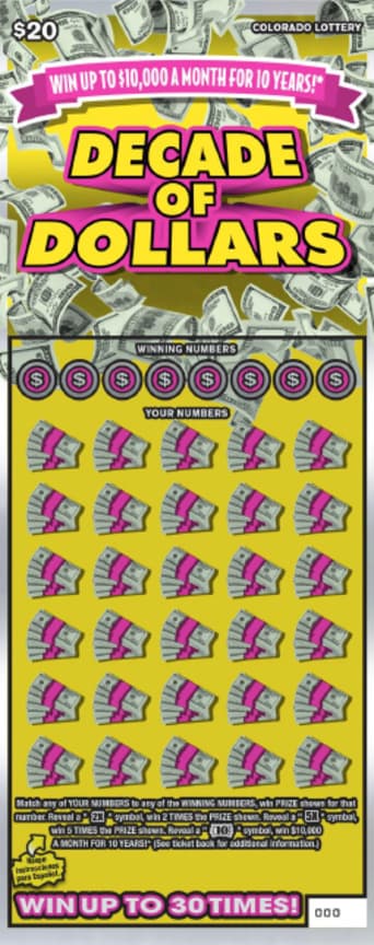 Decade of Dollars scratch-off ticket