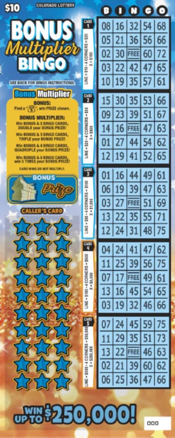 BONUS Multiplier BINGO scratch-off ticket