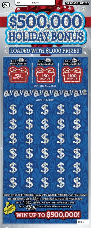 $500,000 HOLIDAY BONUS scratch-off ticket