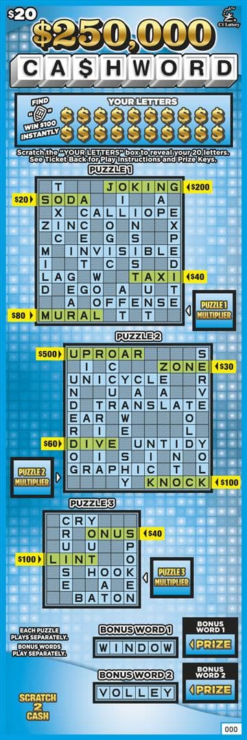 $250,000 CA$HWORD scratch-off ticket