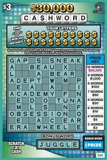 $30,000 Cashword scratch-off ticket