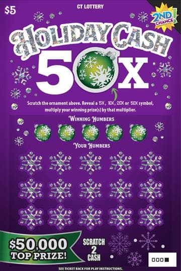 Holiday Cash 50X scratch-off ticket