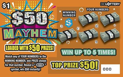 $50 MAYHEM scratch-off ticket