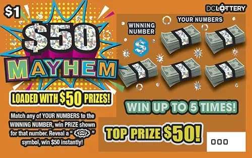 $50 MAYHEM scratch-off ticket