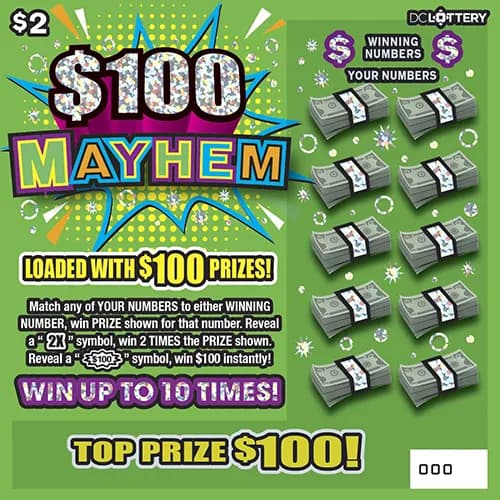 $100 MAYHEM scratch-off ticket