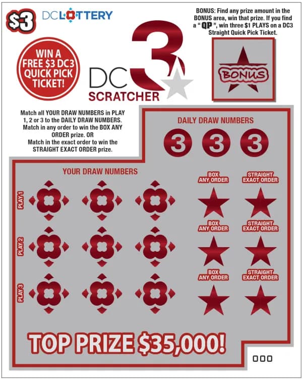 DC 3 Scratcher scratch-off ticket