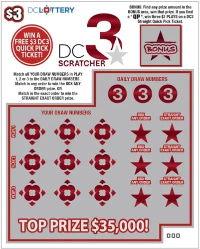 DC 3 Scratcher scratch-off ticket