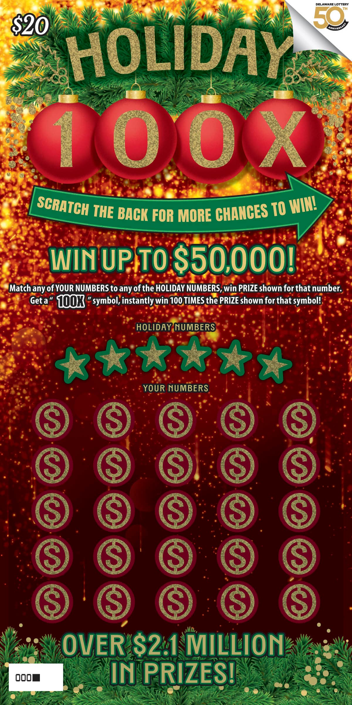 Holiday 100X scratch-off ticket