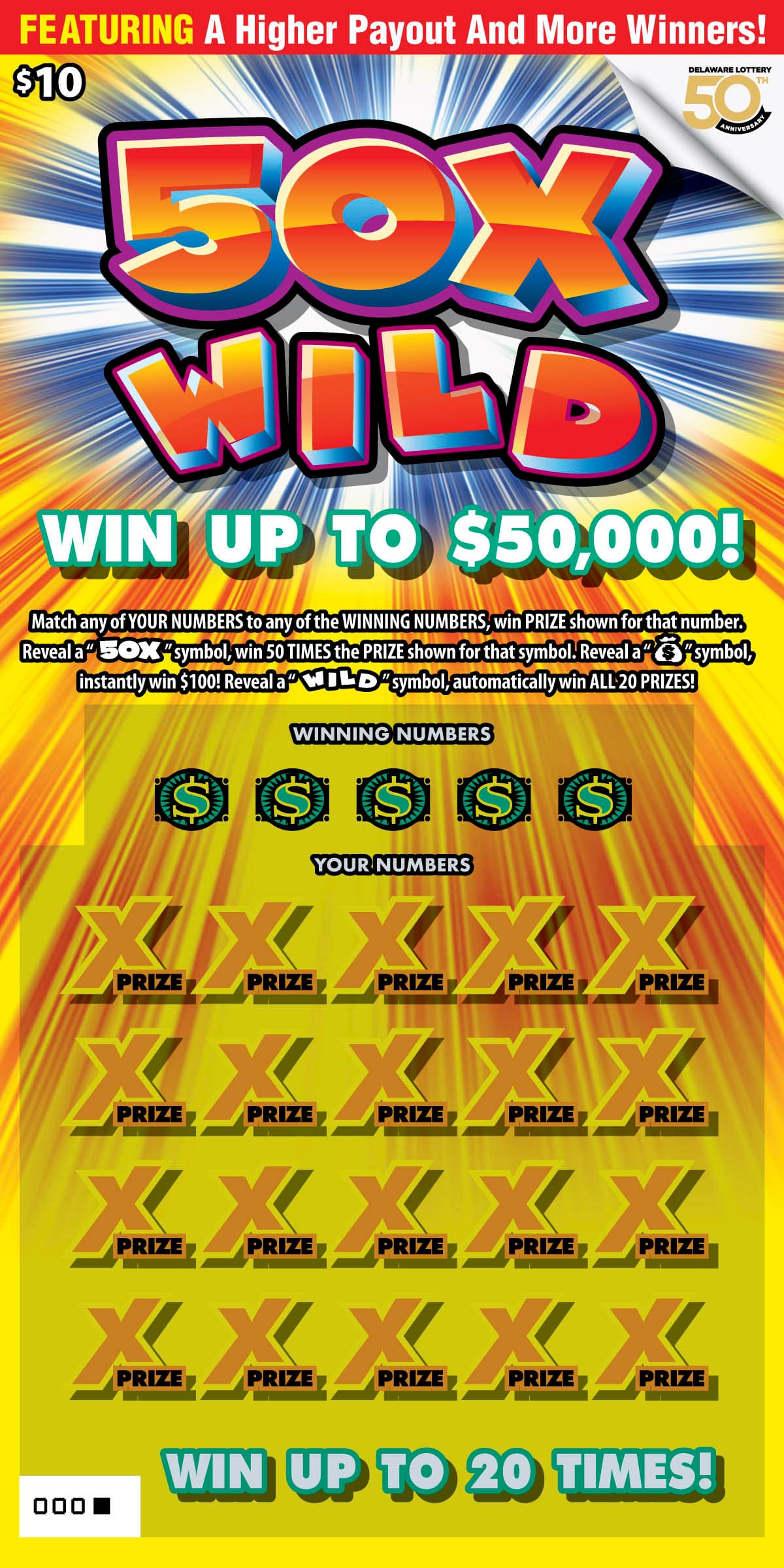 50X Wild scratch-off ticket