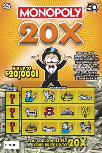 MONOPOLY 20X scratch-off ticket