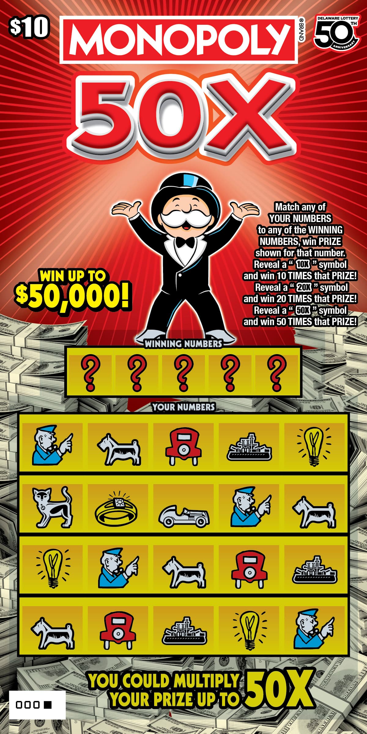 MONOPOLY 50X scratch-off ticket