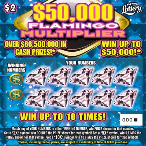 $50,000 FLAMINGO MULTIPLIER scratch-off ticket