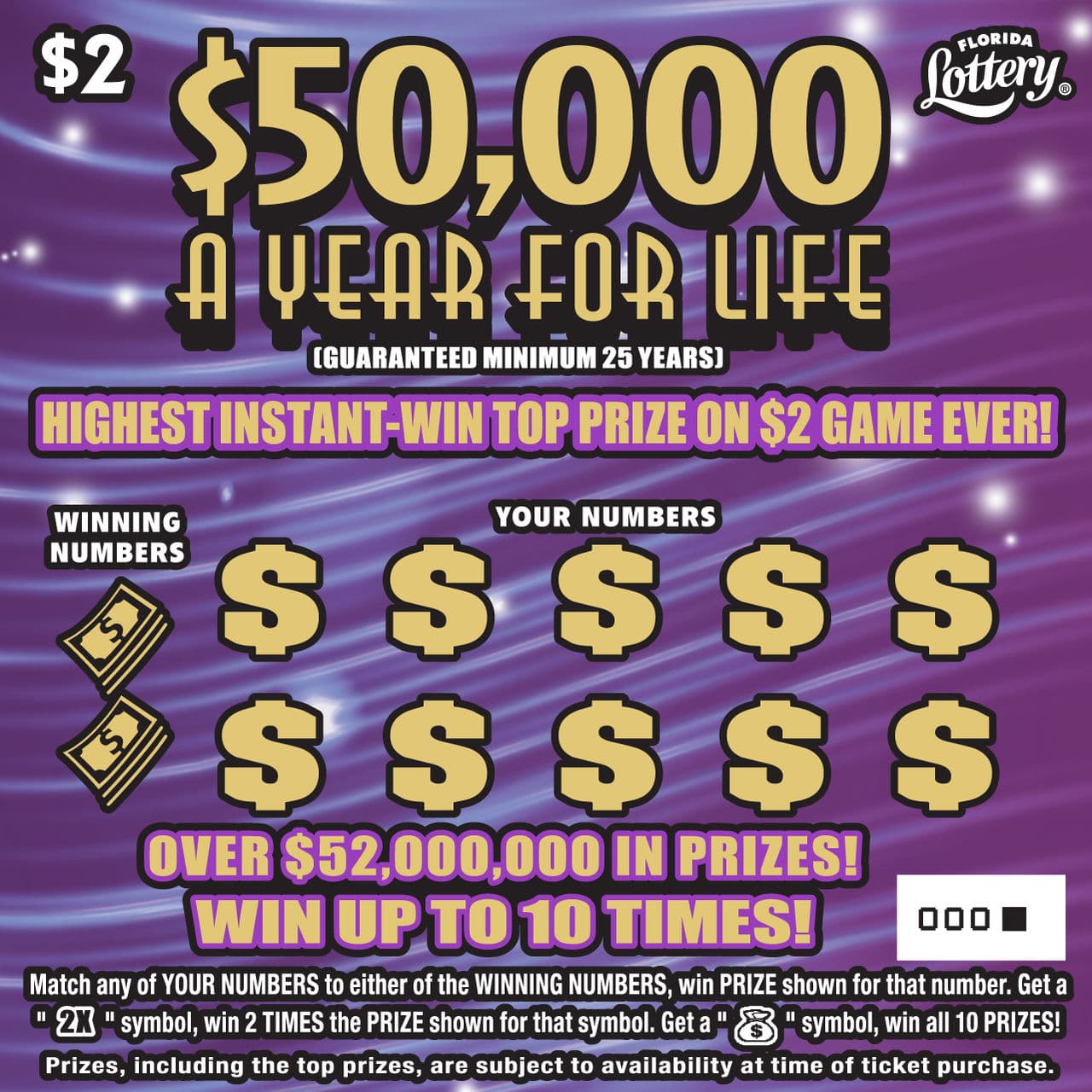 $50,000 A YEAR FOR LIFE scratch-off ticket
