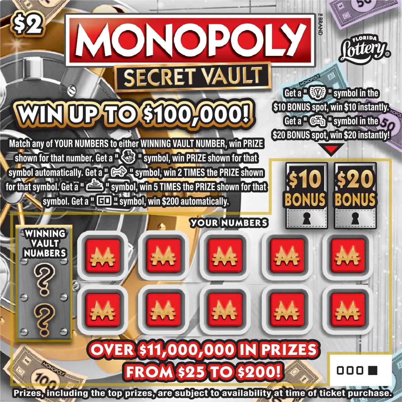 MONOPOLY™ SECRET VAULT scratch-off ticket