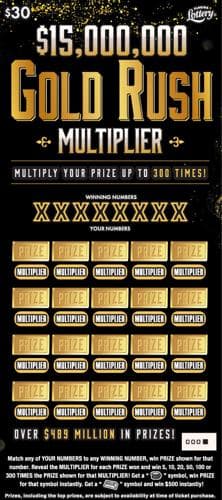 GOLD RUSH MULTIPLIER scratch-off ticket