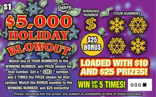 $5,000 HOLIDAY BLOWOUT scratch-off ticket