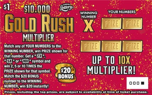 $10,000 GOLD RUSH MULTIPLIER scratch-off ticket