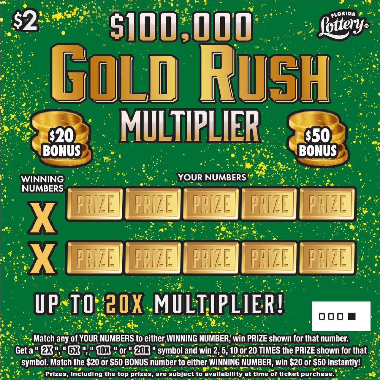 $100,000 GOLD RUSH MULTIPLIER scratch-off ticket