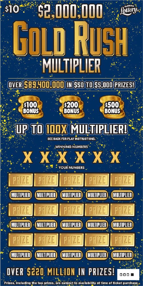 $2,000,000 GOLD RUSH MULTIPLIER scratch-off ticket