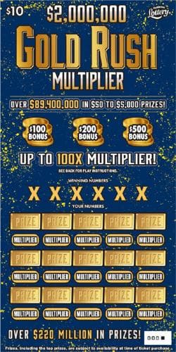 $2,000,000 GOLD RUSH MULTIPLIER scratch-off ticket
