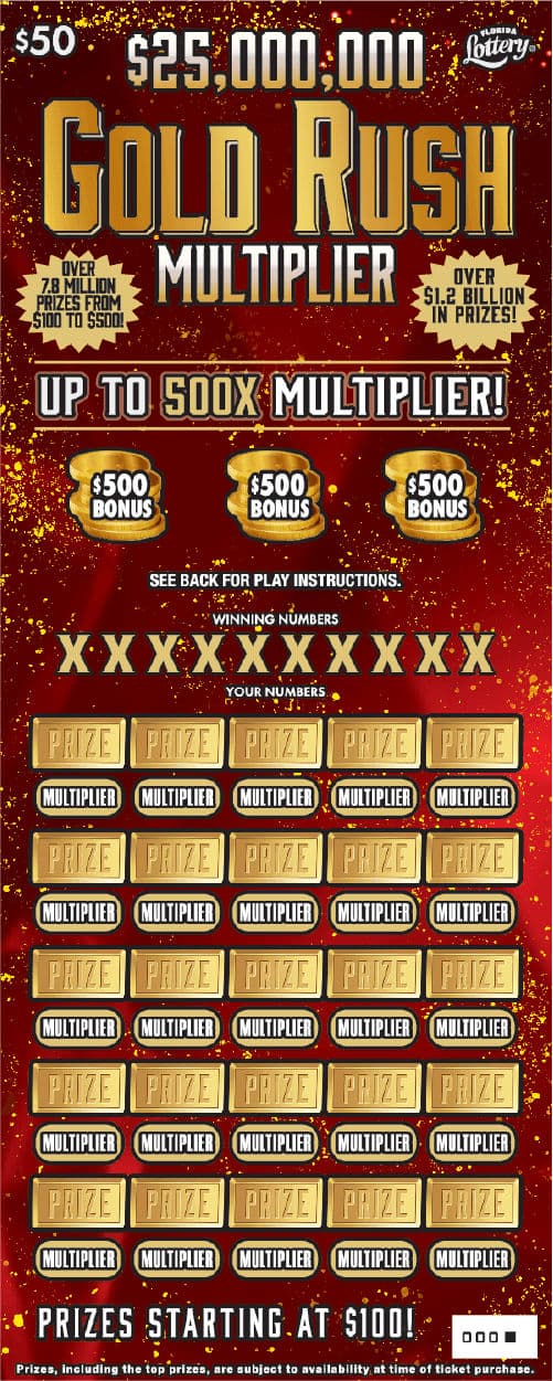$25,000,000 GOLD RUSH MULTIPLIER scratch-off ticket