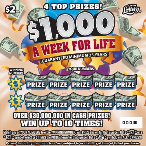 $1,000 A WEEK FOR LIFE scratch-off ticket