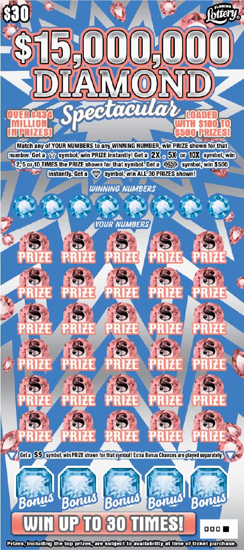$15,000,000 DIAMOND SPECTACULAR scratch-off ticket