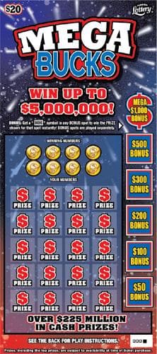 MEGA BUCKS scratch-off ticket