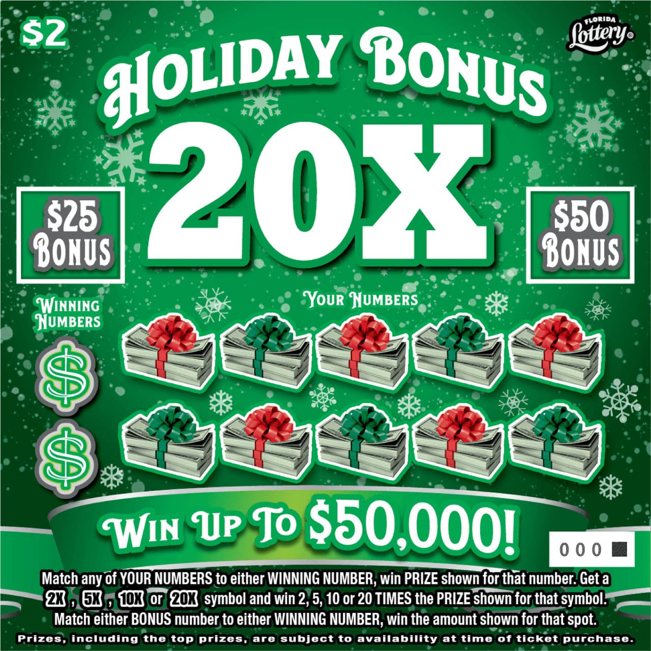 Holiday Bonus 20X scratch-off ticket