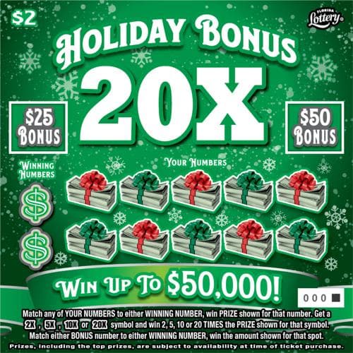 Holiday Bonus 20X scratch-off ticket