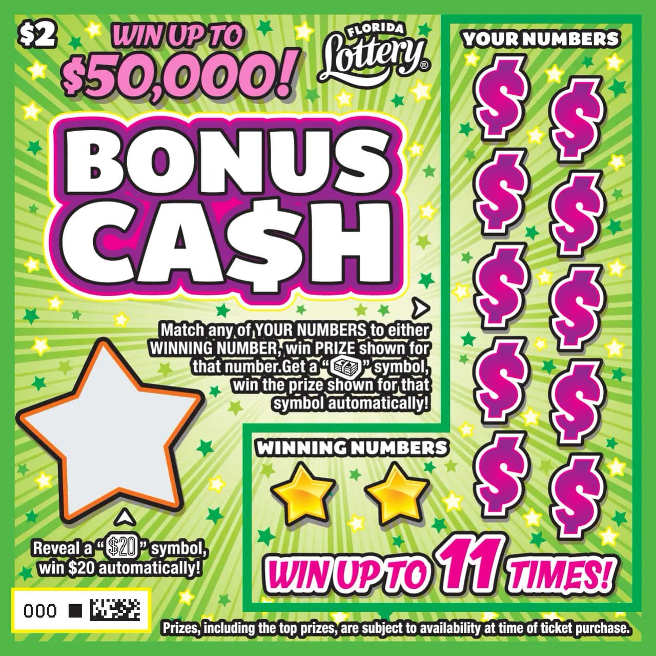 BONUS CASH scratch-off ticket