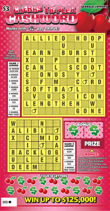 Cherry, Orange, Lemon, Triple scratch-off ticket