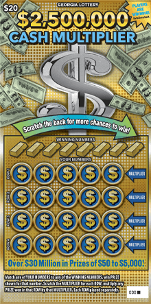 $2,500,000 CASH MULTIPLIER scratch-off ticket