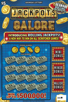 JACKPOTS GALORE scratch-off ticket