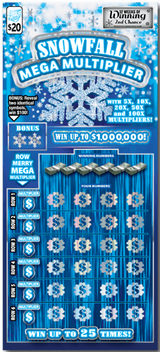 Snowfall Mega Multiplier scratch-off ticket