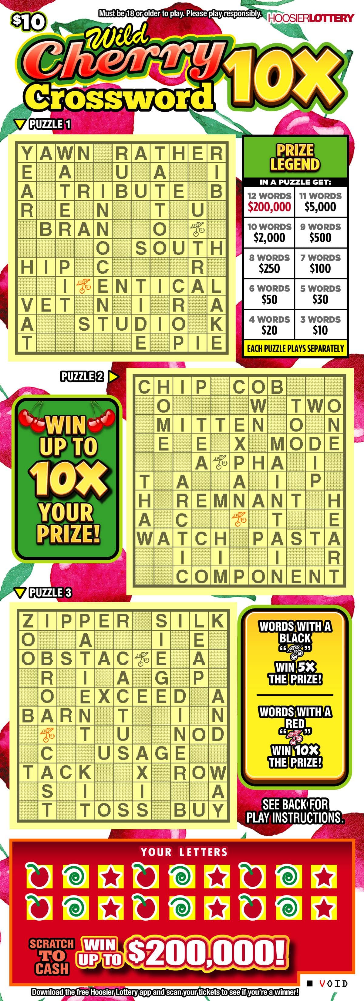 WILD CHERRY CROSSWORD 10X scratch-off ticket