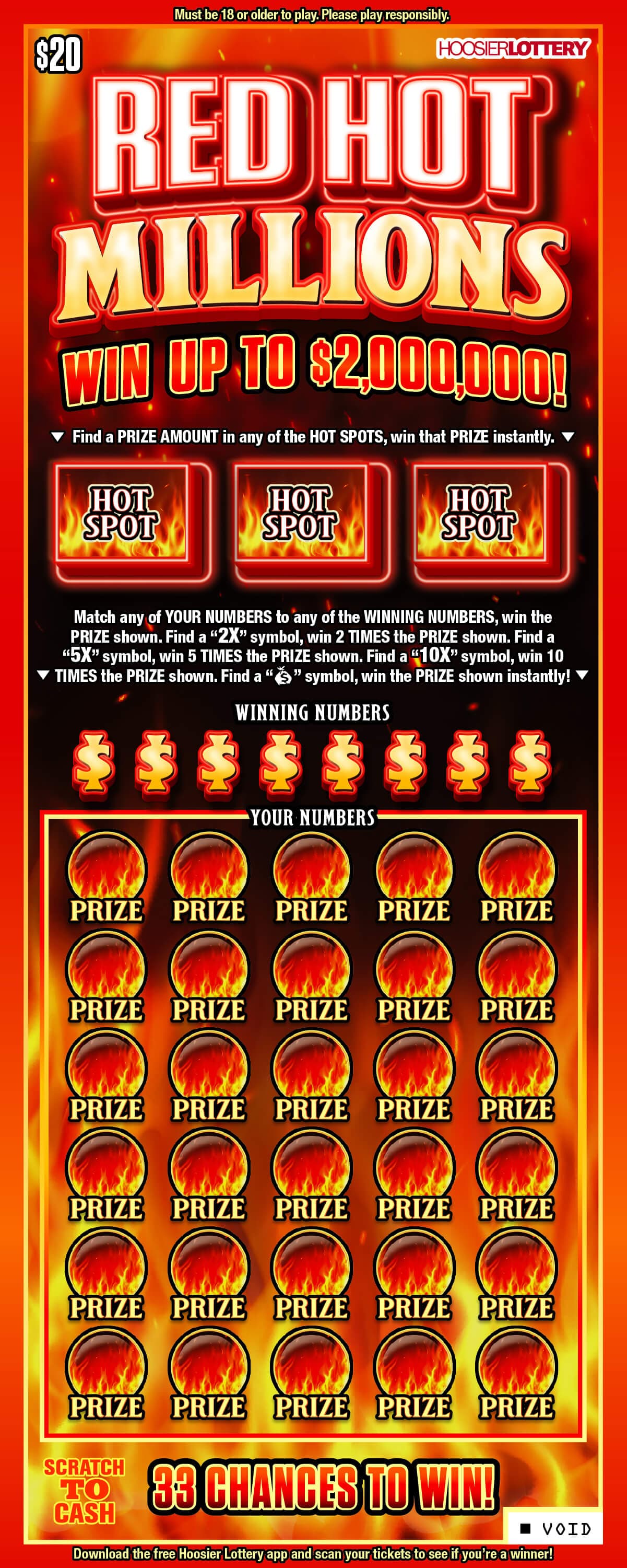RED HOT MILLIONS scratch-off ticket