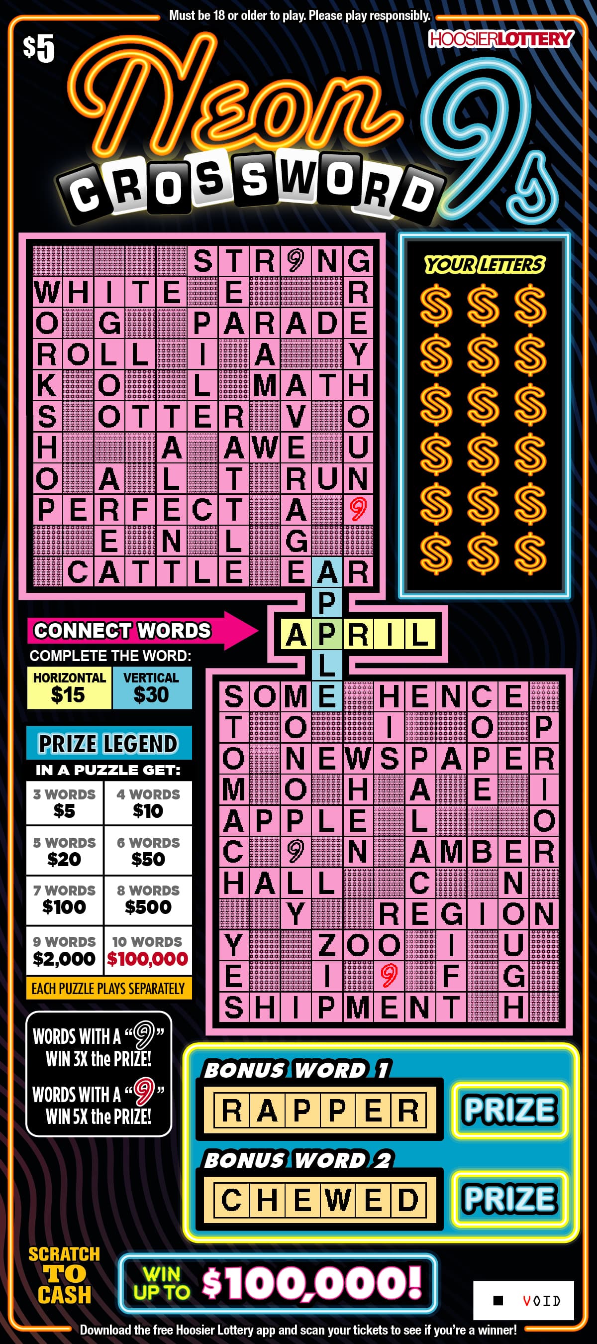 NEON 9S CROSSWORD scratch-off ticket