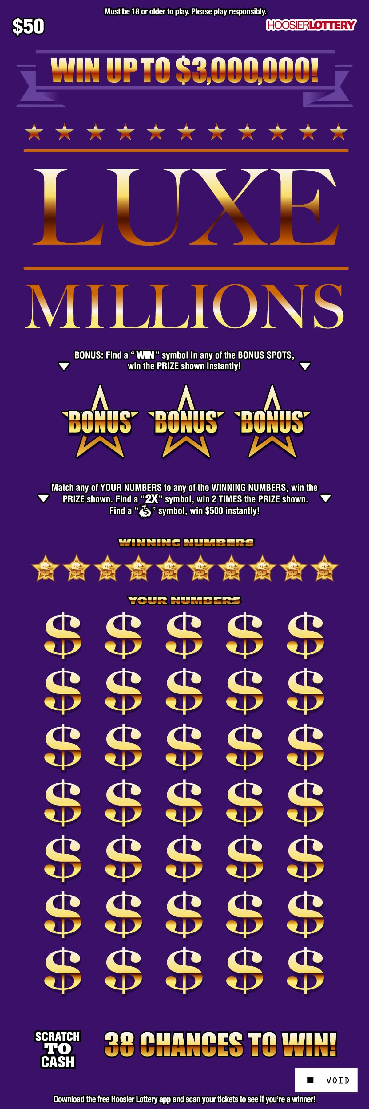 LUXE MILLIONS scratch-off ticket