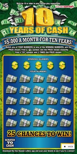 10 YEARS OF CASH scratch-off ticket