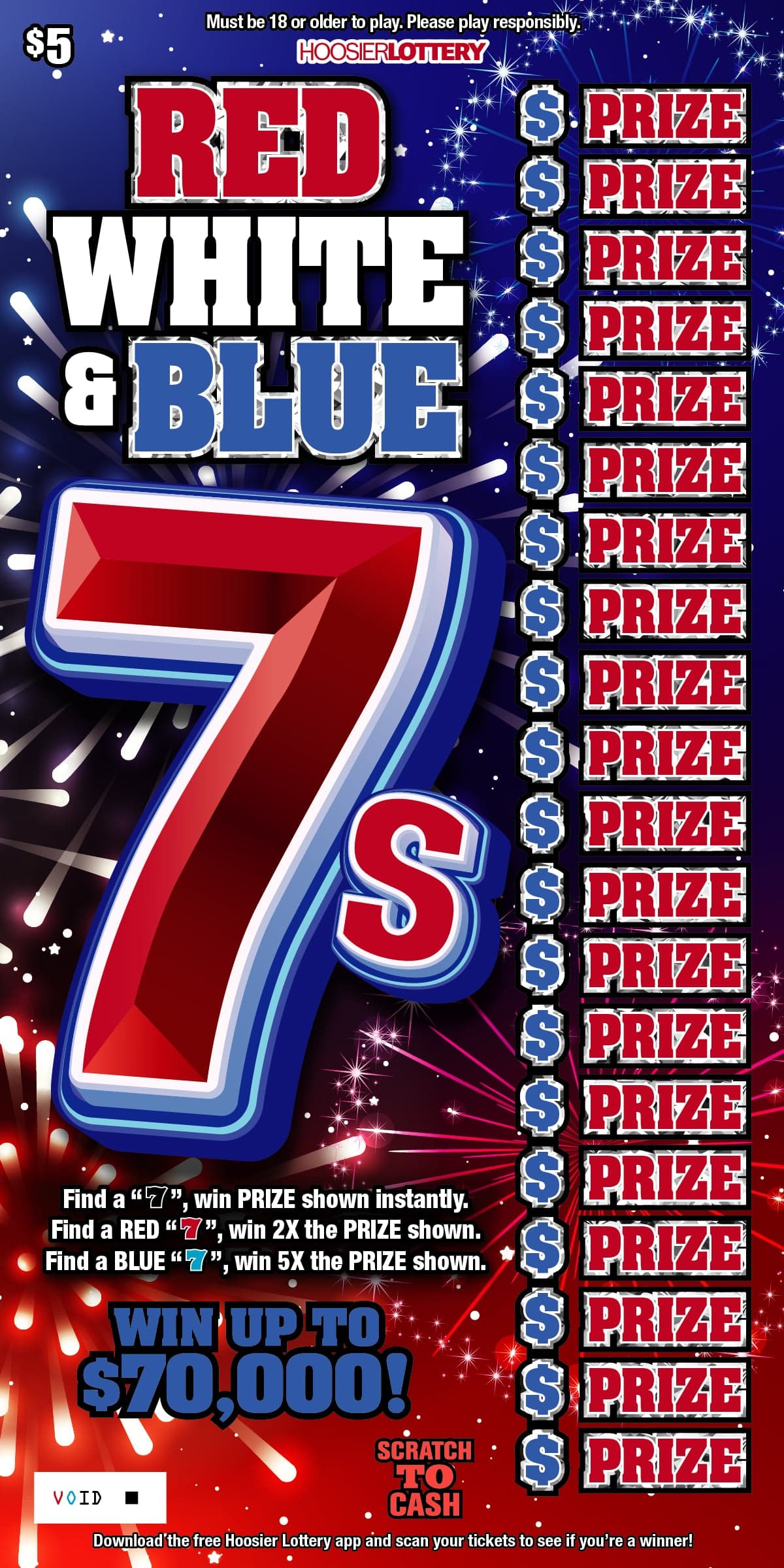 RED WHITE & BLUE 7S scratch-off ticket