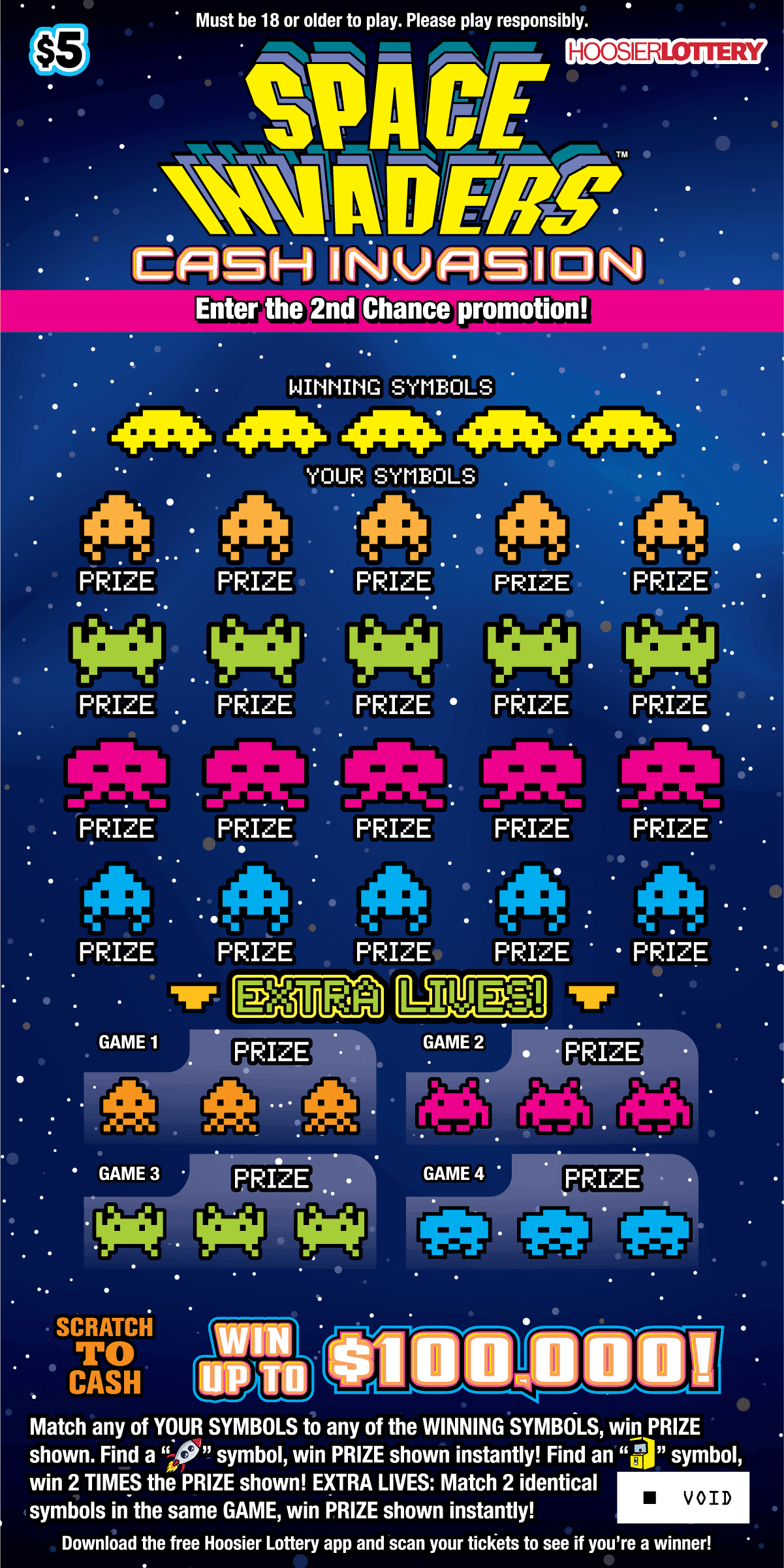 SPACE INVADERS CASH INVAS scratch-off ticket