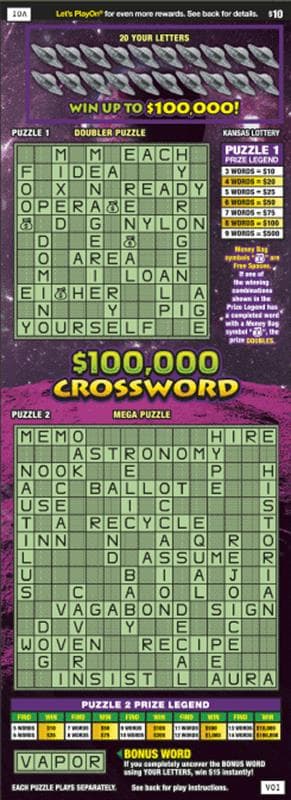 $100,000 CROSSWORD scratch-off ticket
