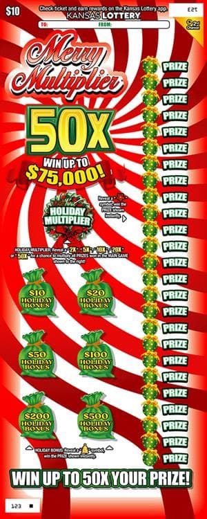 Merry Multiplier 50X scratch-off ticket