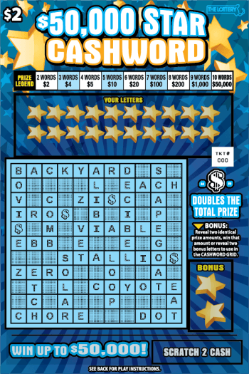 $50,000 Star Cashword scratch-off ticket
