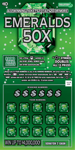 EMERALDS 50X scratch-off ticket